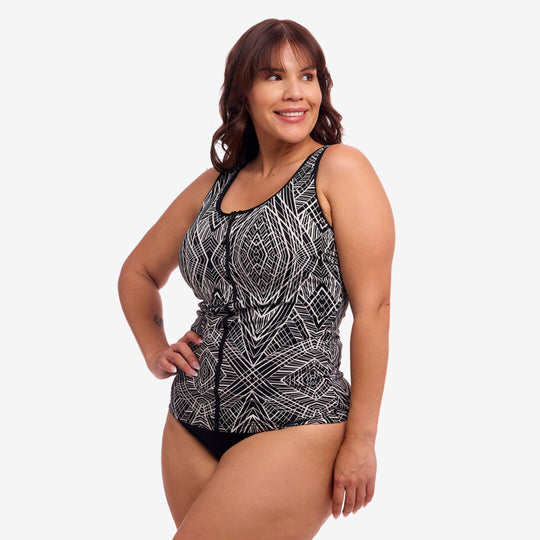 Printed Zip Front Tankini - Space Signals