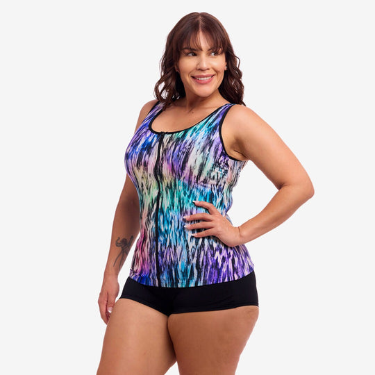 Printed Zip Front Tankini - Fly Dye