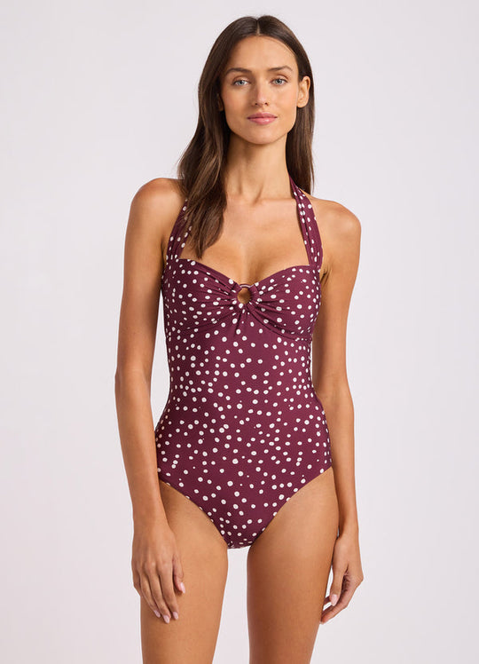Dolce Dot Halter Neck Bandeau One Piece - Dark Burgundy