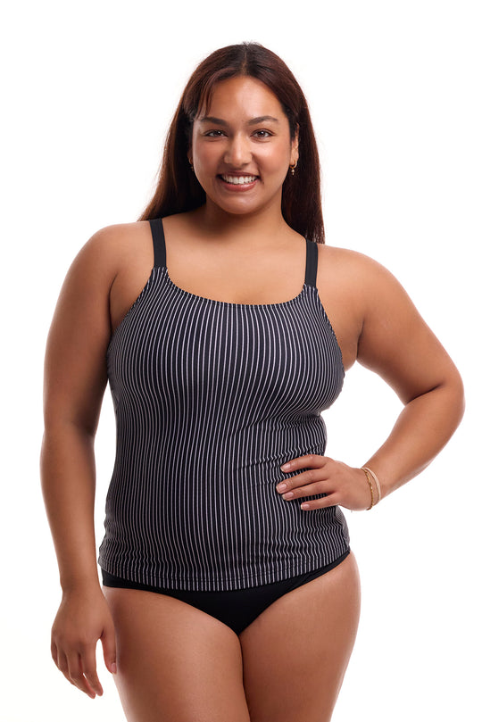 Printed Scoop Neck Tankini - Pin Stripe