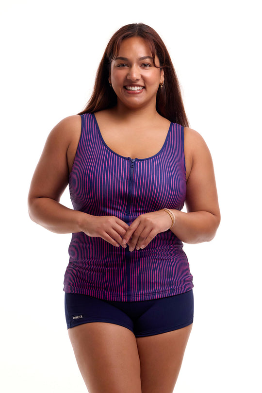 Printed Zip Front Tankini - Peach Tea