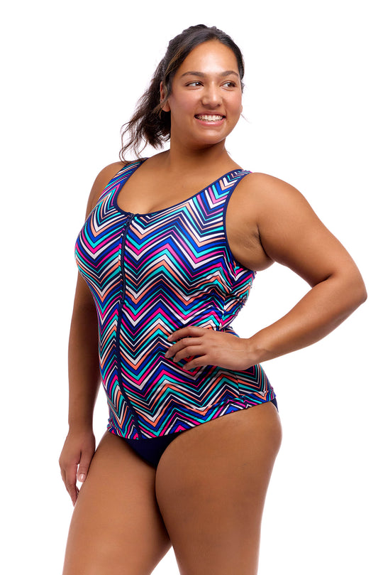 Printed Zip Front Tankini - Point Out