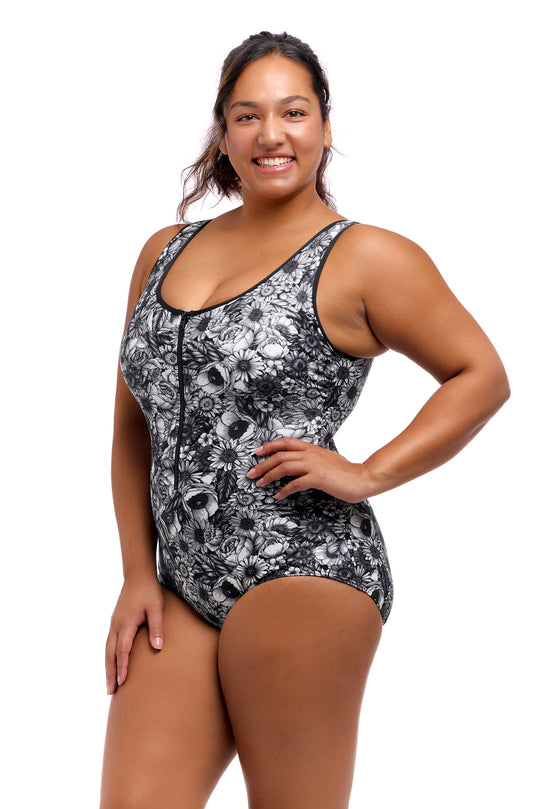 Zip Front One Piece Print - Nights Rose