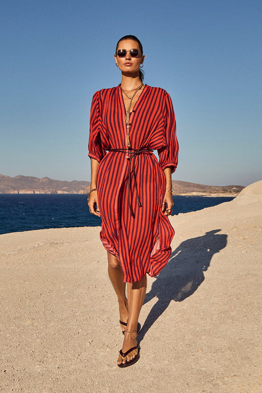 Vacay Boho Long Shirt Dress - Spice Red