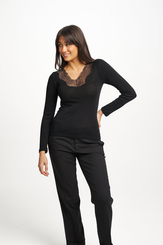 Wool Silk Long Sleeve W/ Lace V Neck Spencer - Black