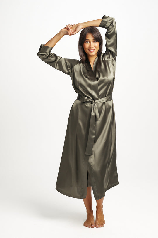 Long Silk Robe - Olive