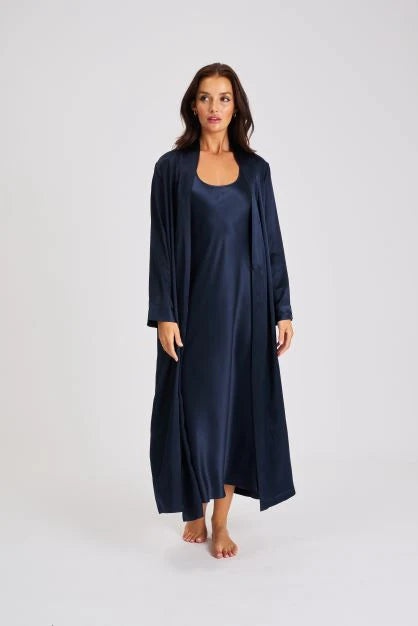 Long Silk Robe - Navy