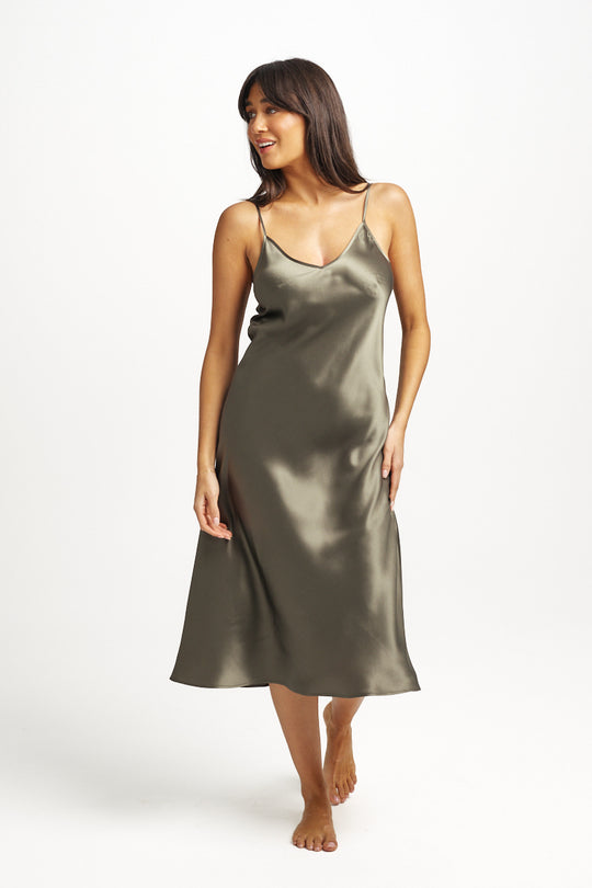 3/4 Length Silk  Chemise - Olive