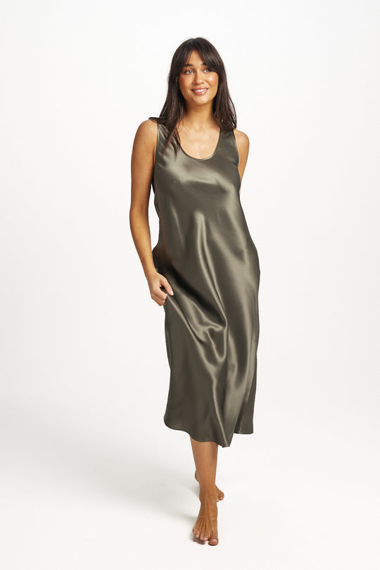 Mono Silk Long Nightie - Olive