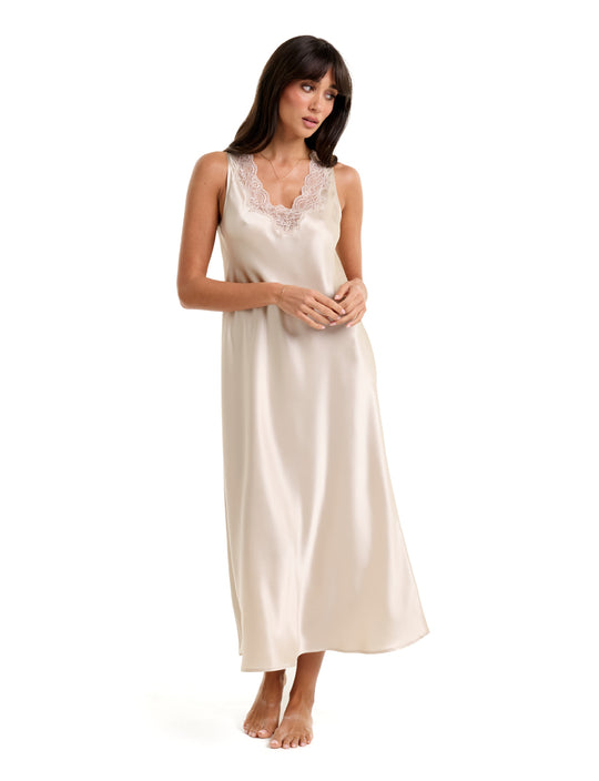 Mono Long Nite With Lace Trim - Champagne