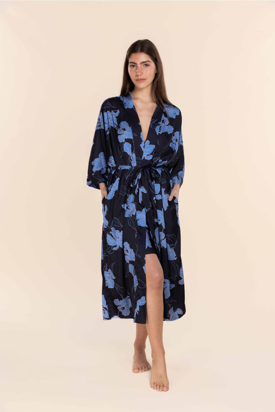 Daisy Recycled Silky Satin Long Robe - Navy