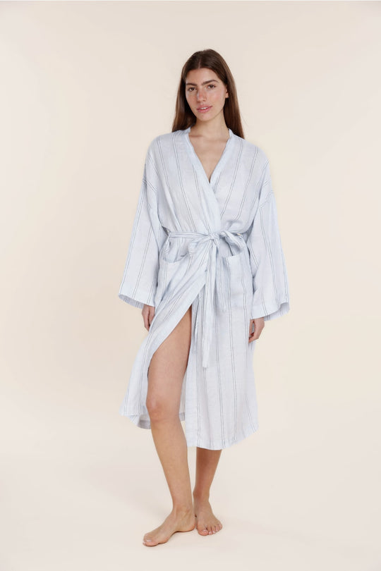 Rosalind Linen Robe - Blue Stripe