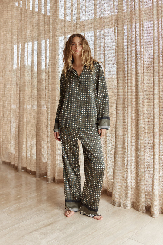 Scarlett Printed Silky Satin Pyjama - Olive